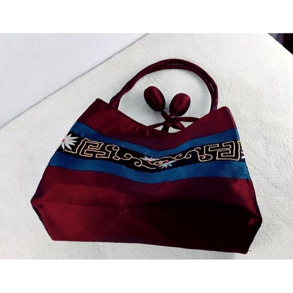 Asian Inspired Handbag Satin Look Burgundy Gold Tone Thread Embordered Flowers - Picture 7 of 9